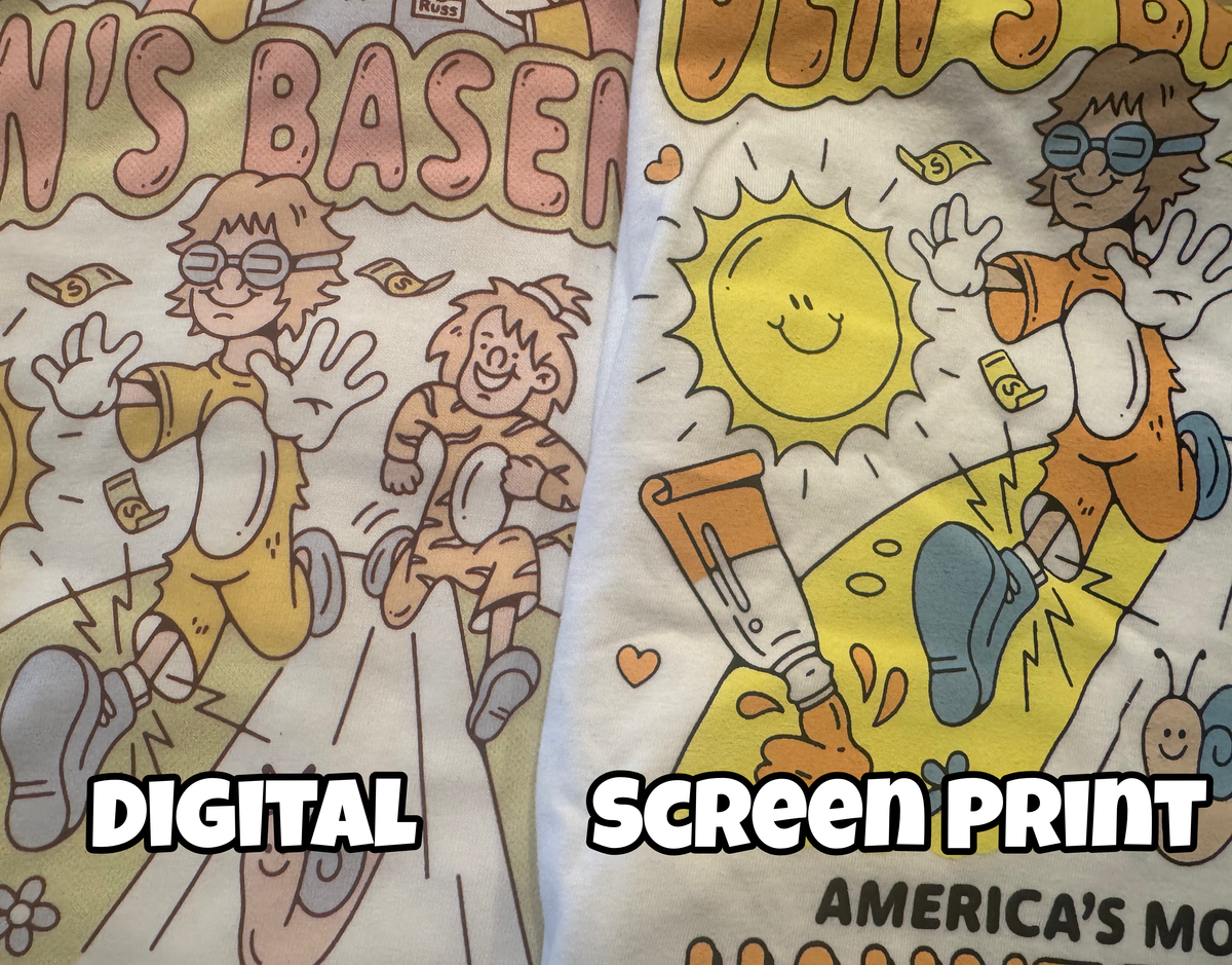 Comparison of print on demand vs screen printing from one of Ben's previous releases.